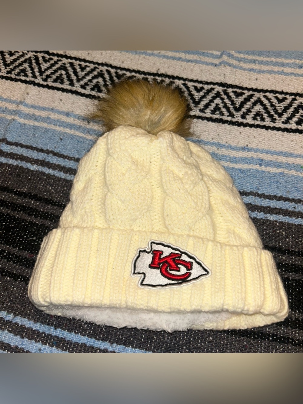 NFL Cream Cable Knit Pom Beanie with Red KC Logo - Kids